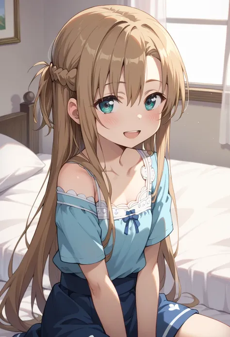 ((TOP QUALITY)), ((masterpiece)), (be familiar with),  perfect face, indoors, bedroom, watching viewers,
One woman, Asuna Yuki,
open mouth, ecstatic expression, blush, smile,
 small tits,  flat chest, Young girl,  lori,  ,  girl,
 long hair, long hair,
 op...