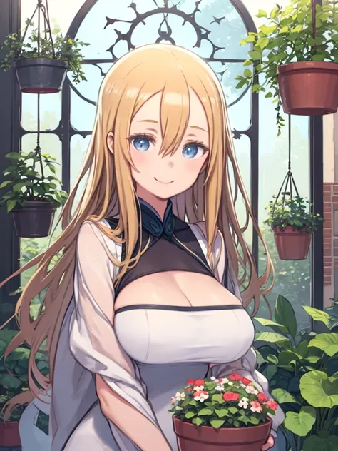 Smiling woman holding a flower pot full of flowers、blond hair、hair between eyes、LONG HAIR、 blue eyes、Big Breasts、 upper body、Greenhouse with lots of potted plants、