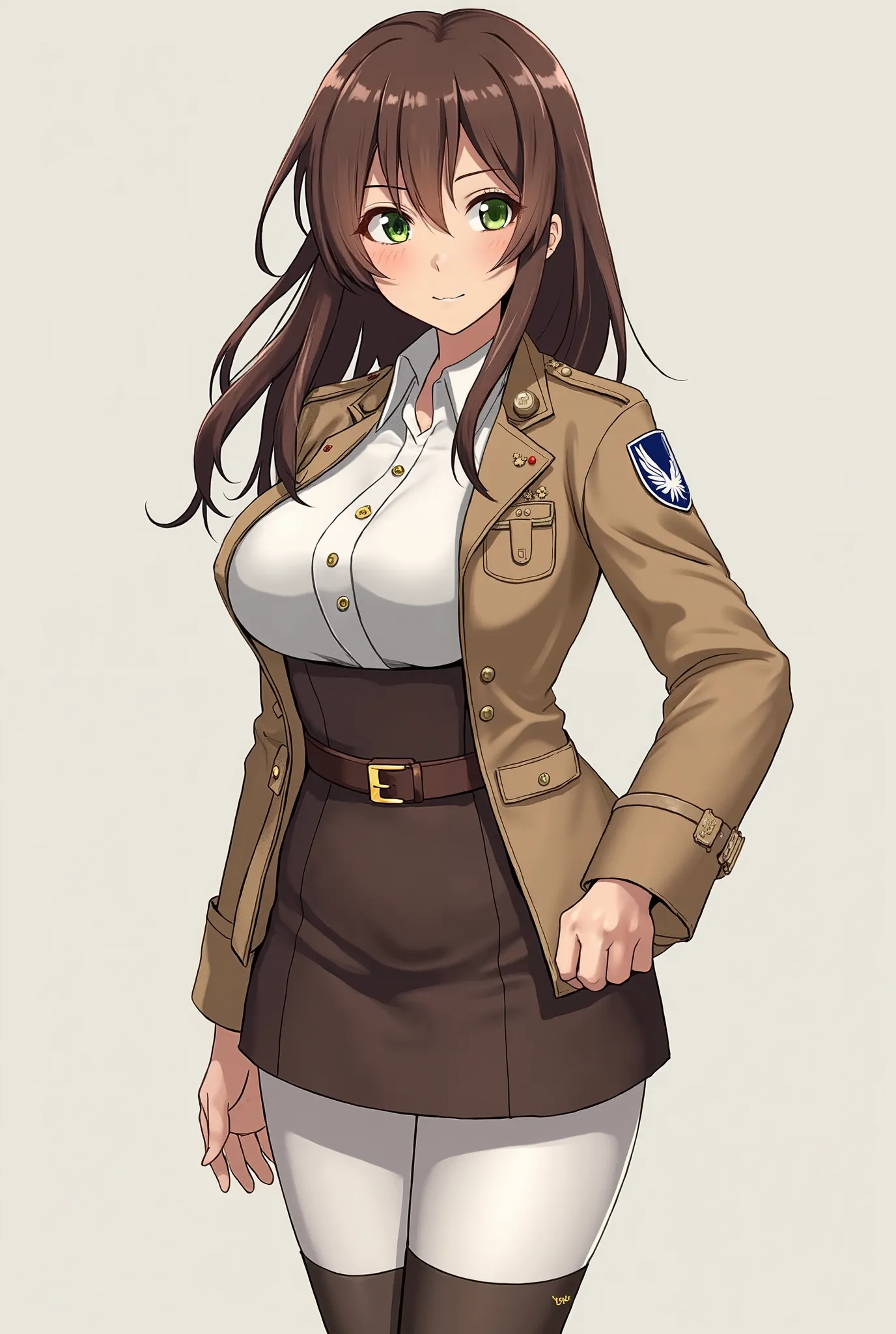 Wearing the servay corps unform - a white collared shirt, dark brown waist skirt, fitted white pants, knee-high brown boots, and a distinctive light brown jacket with the iconic "Wings of Freedom" insignia (a white and blue winged design on a grey and whit...