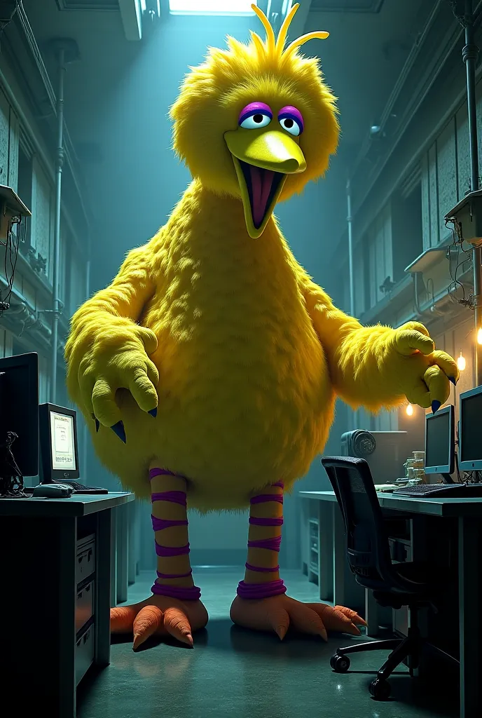 evil big bird sesame street in security office
