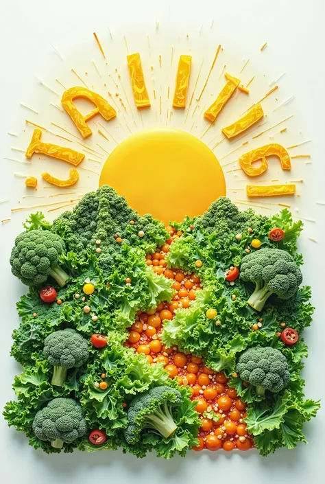 Salad like a landscape: Imagine a salad like a small world with mountains of lettuce, rivers of dressing and broccoli trees.

Letters with vegetables: Design the letters of the brand's name in the shape of vegetables.

sun or rays of light : To transmit en...