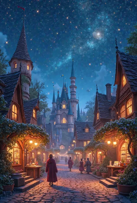 "A magical, fantastical town in the heart of Neverland, bathed in soft, glowing light. The streets are lined with whimsical light shops, each glowing with stars and enchanting lanterns. Above, the night sky twinkles with countless stars, some larger than o...