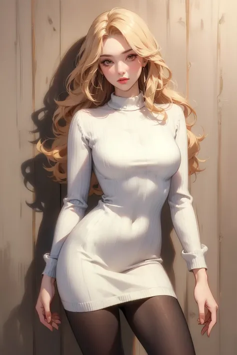 (( masterpiece striped sweater, high quality,  best quality, 8k, wallpaper, beau dessin au trait, Very detailed)),  1girl , rock star manager,  long curly blonde hair , White bimbo,  hourglass body ,  big chest , high heels,  tight dress, fishnet pantyhose...