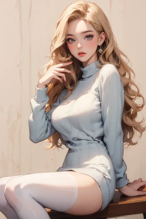 (( masterpiece striped sweater, high quality,  best quality, 8k, wallpaper, beau dessin au trait, Very detailed)),  1girl , rock star manager,  long curly blonde hair , White bimbo,  hourglass body ,  big chest , high heels,  tight dress, fishnet pantyhose...