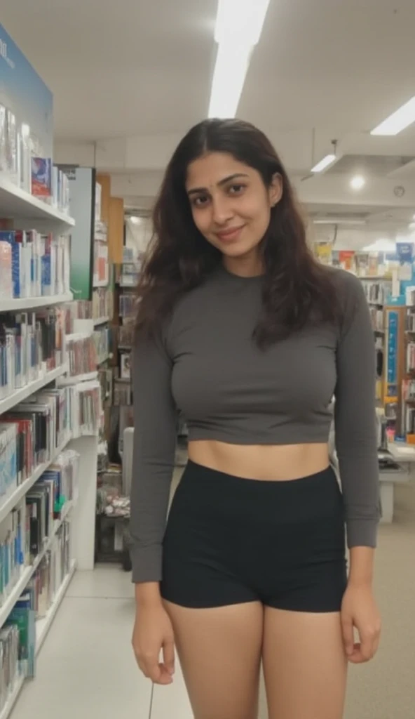 Full lenght shot, low angle. Realistic shot. 1 middle-aged lady. south indian, in a tight cropped blouse and tight running shorts, perfect shot. facing the camera, a proud face, in bookstore. Mature female. Longsleeved croptop, long sleeves. Brunette, long...