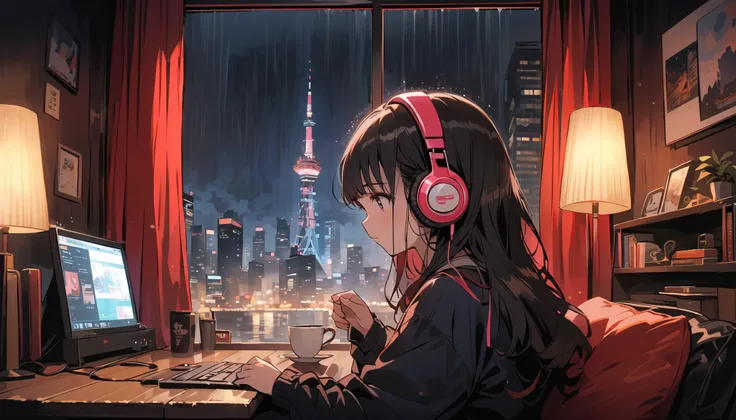 80&#39;s、city pop、Japanese anime、A girl is listening to music on headphones with a cup of coffee by the window、The room is stylish、It&#39;s night outside、Tokyo night view、Images that match lofi music, rain, coffee cup,