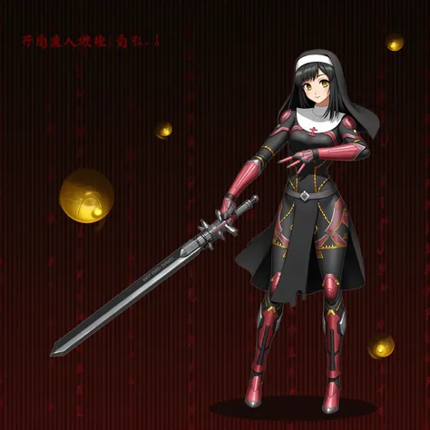 Cybernetic combat Nun with Shoulder length Black hair, tanned skin, glowing Golden Irises with black pupils and white Scalera, wielding a High tech Long Sword, Wearing a Red and Black Nun's Habit on her head, wearing a Black and Metallic Red High-Tech powe...