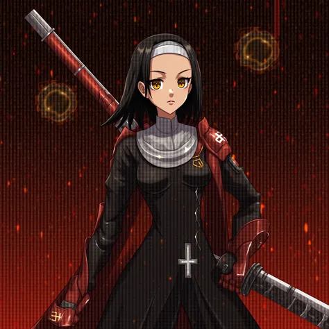 Cybernetic combat Nun with Shoulder length Black hair, tanned skin, glowing Golden Irises with black pupils and white Scalera, wielding a High tech Long Sword, Wearing a Red and Black Nun's Habit on her head, wearing a Black and Metallic Red High-Tech powe...