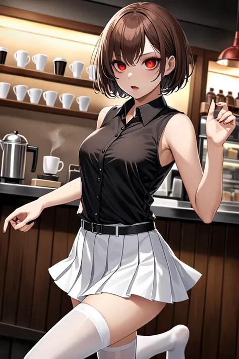 BEST QUALITY, ULTRA DETAILED, PERFECT ANATOMY, HIGH DEFINITION, INTRIGUING DETAILS, ALONE, 1GIRL, thin, short hair, brown hair, (ghoul eyes), red eyes, black pupil, black sclera, medium breasts. Black button-down shirt, sleeveless, white pleated skirt, whi...