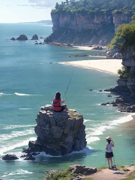 Woman fishing in a rocky area、Seaside、 Horizontal Line、 upper body、