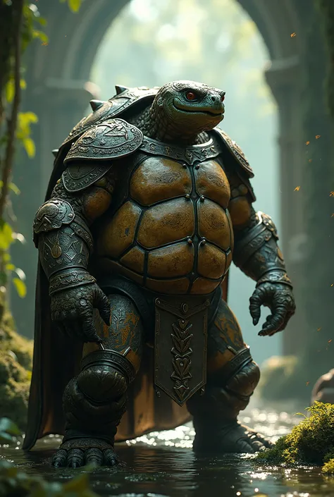 D&D Paladins: Turtle ((humanoid)), 8K hyper-realistic cinematic close-up, ray-traced shadows, volumetric sunlight, and advanced shell shaders. A turtle paladin in armor stands in an ancient temple in a swamp. Its intricate rune-covered armor is accented wi...