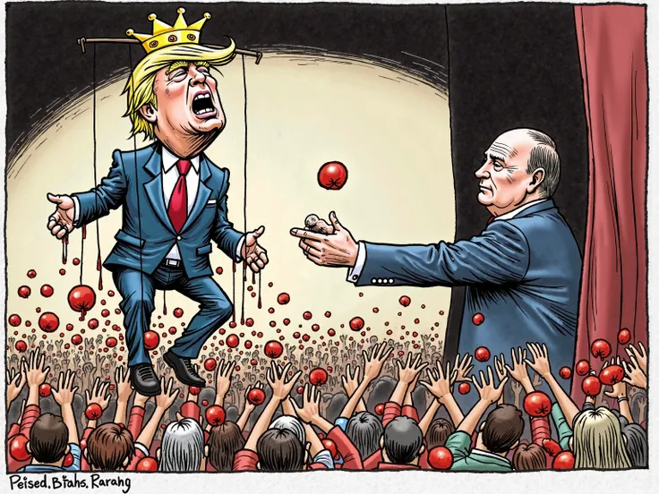 Image satirique humoristique de type journal satirique  : Trump est une Marionnette ridicule et desarticulée avec une couronne de roi.   Poutine VLADIMIR,  president de Russie est caché derriere un decor et  manipul la marionnette Trumpavec des cordes comm...