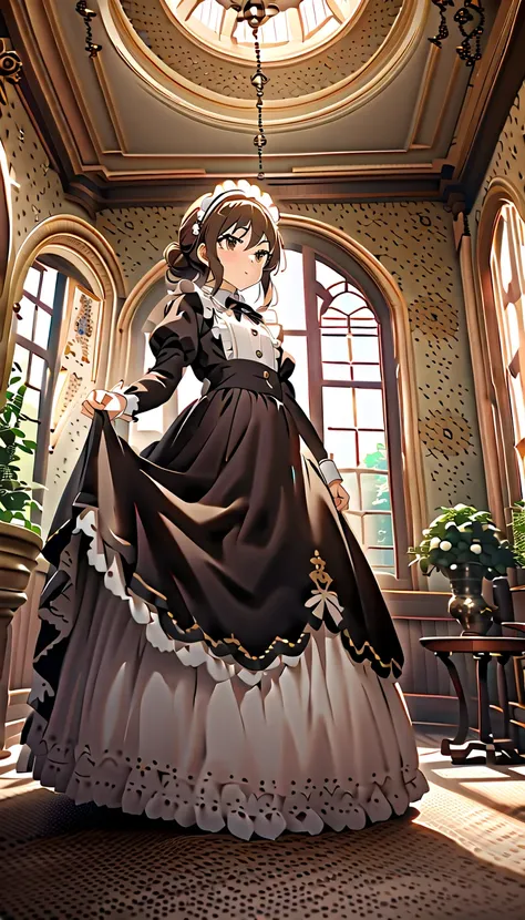 tachibana arisu, flat chest,small ass, 、 glossy brown hair, LONG HAIR、2Women\( victorian maid ,  black long dress, full body\), break ,background\(internal,  victorian style room, is amazing\), break ,quality\(8k,Highly Detailed CG Unit Wallpaper, masterpi...