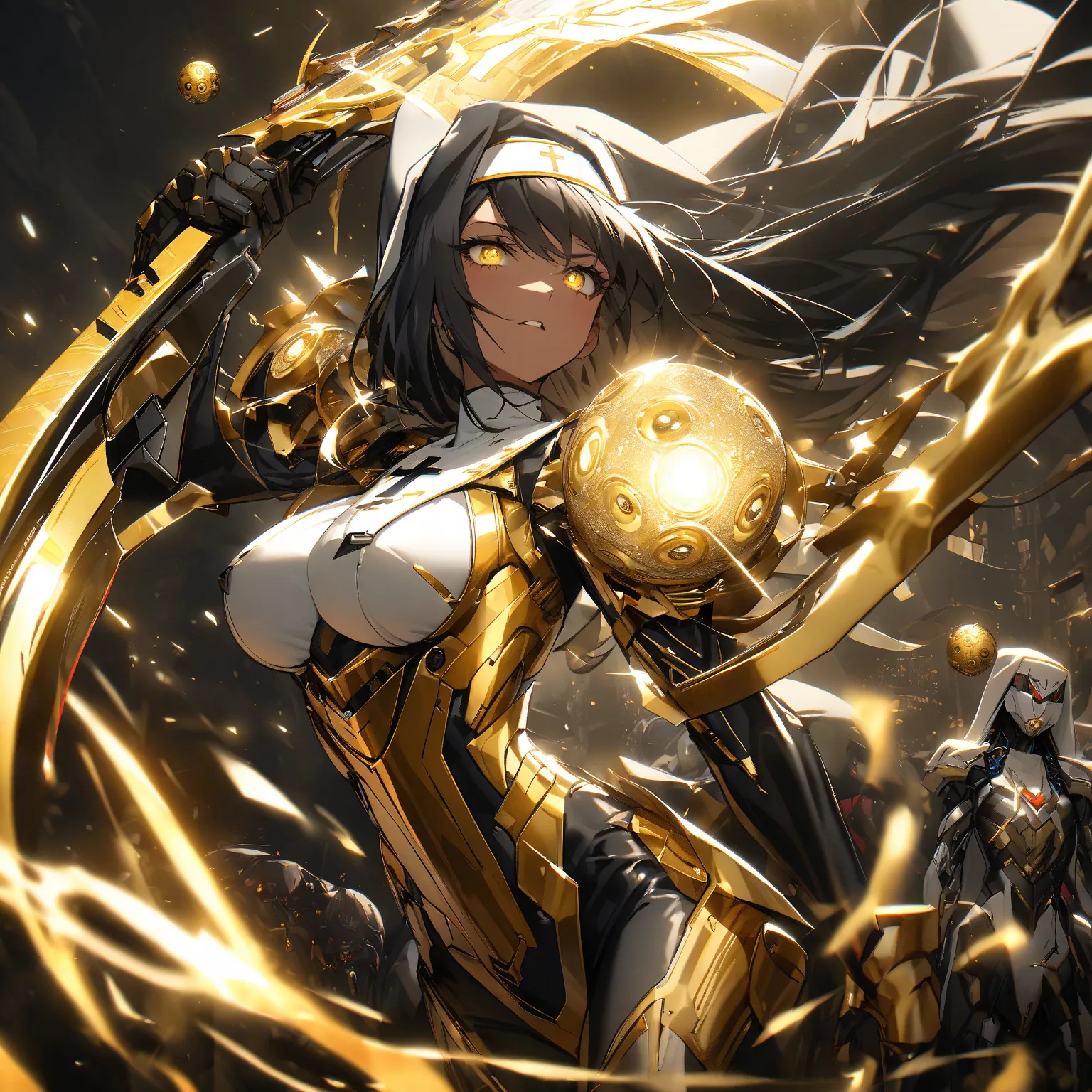 Cybernetic combat Nun with Shoulder length Black hair, tanned skin, glowing Golden Irises with black pupils and white Scalera, wielding a High tech Long Sword, Wearing a Red and Black Nun's Habit on her head, wearing a Black and Metallic Red High-Tech powe...