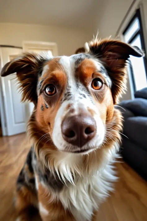 A happy  red-merle Australian shephered with brown eyes taking a selfie at home, Fisheye effect style, What's that？, stare, hidden object pictures, Tilt,