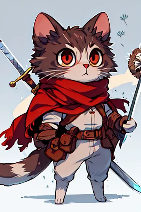 A warrior cat with an intense foot, there is a thin sword with an eye-shaped handle,  not so realistic, What looks like an eye, warrior cat focused with light gray fur and small traces of white fur, looking thoughtfully expressionless, You have a red scarf...