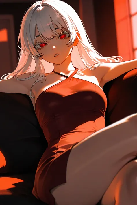 1girl, white hair, long hair, red eyes, dark pupils, aegyo sal, white thin eyelashes, unussually open eyes, soft focus, backlighting, 3d background, red theme, muted color, dim lighting, twilight, shade, reclining posture, swayback hips, watson cross legs,...