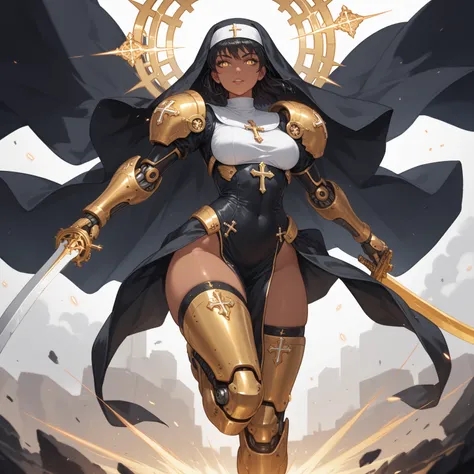 Cybernetic combat Nun with Shoulder length Black hair, tanned skin, glowing Golden Irises with black pupils and white Scalera, wielding a High tech Long Sword, Wearing a Red and Black Nun's Habit on her head, wearing a Black and Metallic Red High-Tech powe...