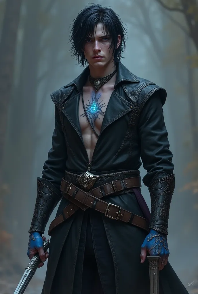 Generate a ager in mid-20 ages, dark hair and deep blue eyes. He is thin but strong, he is the last of his kind and has blue markings in his hand as well as a silver mark on his left chest. He holds a dagger in each hand