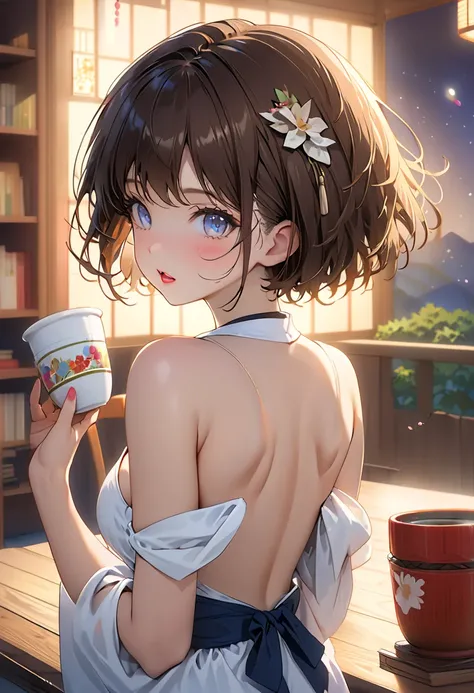 Japanese woman with short hair, fair skin, rough hair, open mouth, very cute,  Soft and Face , brown hair,  8k resolution for kindergarten ren,  surreal, Ultra Fine, Soft Body Toned Up Butt Night , Small cup (( highest resolution, 8k,  masterpiece: 1.3)), ...