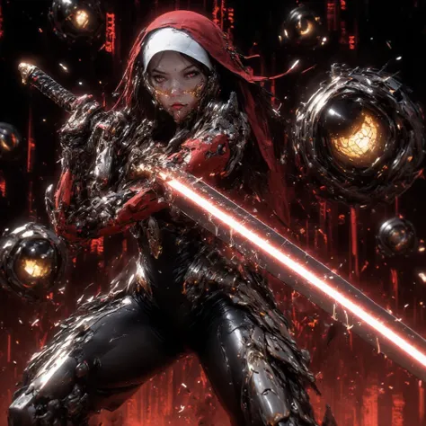 Cybernetic combat Nun with Shoulder length Black hair, tanned skin, glowing Golden Irises with black pupils and white Scalera, wielding a High tech Long Sword, Wearing a Red and Black Nun's Habit on her head, wearing a Black and Metallic Red High-Tech powe...