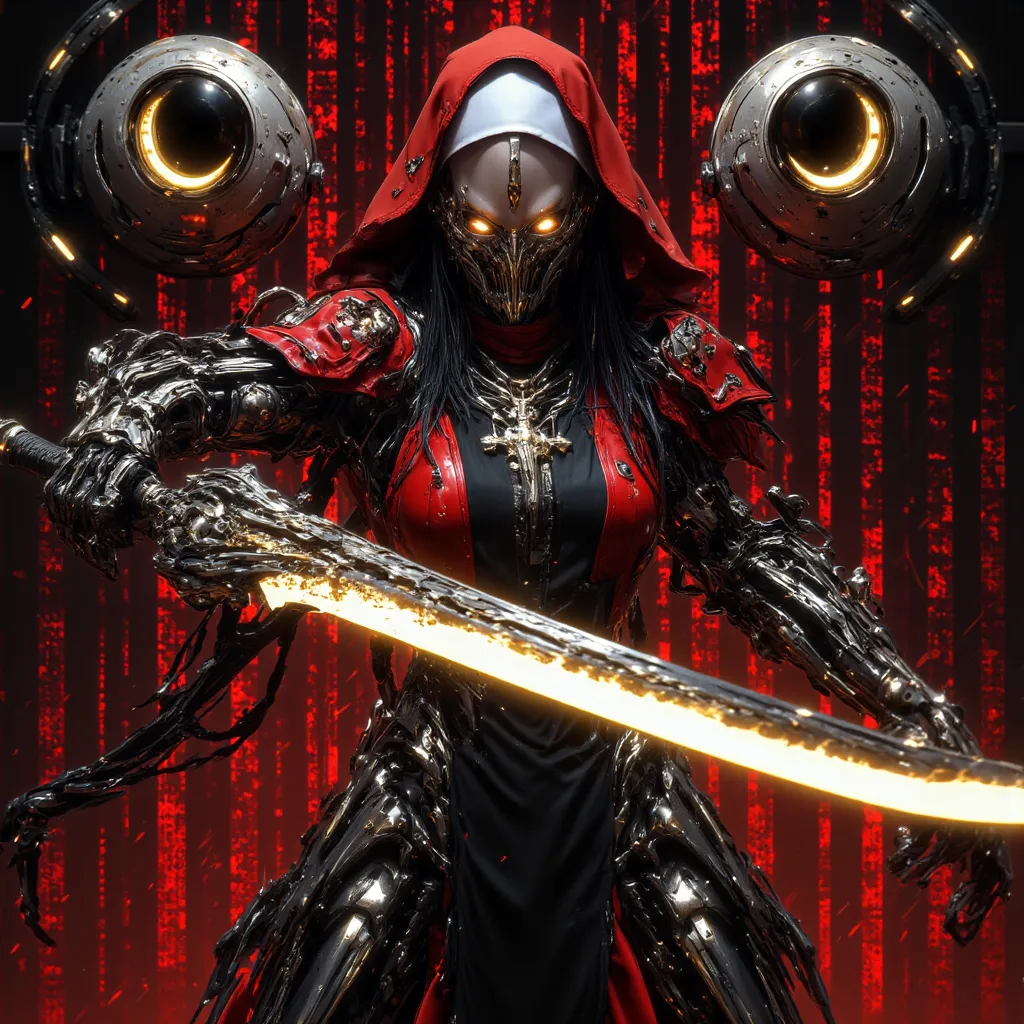 Cybernetic combat Nun with Shoulder length Black hair, tanned skin, glowing Golden Irises with black pupils and white Scalera, wielding a High tech Long Sword, Wearing a Red and Black Nun's Habit on her head, wearing a Black and Metallic Red High-Tech powe...