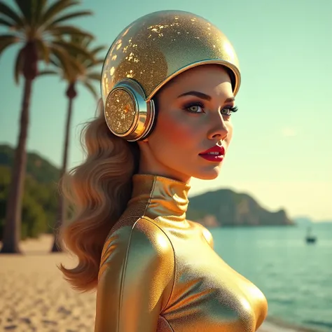 beautiful woman with sexy shiny light gold suit and cristal hemet futurist, long hair 1950's style, retro futurism plateform and seaside and palms background