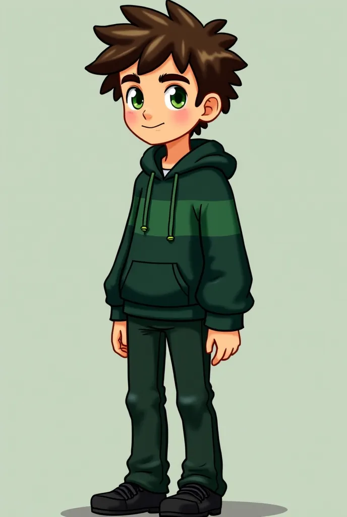 Make a curly-haired  for 20 years.Green eyes on the left bandage. Brown hair with a green stripe on the front. Pretty tall but thin. Dark green sweater, green fasteners. The pants are not very dark green. Black shoes