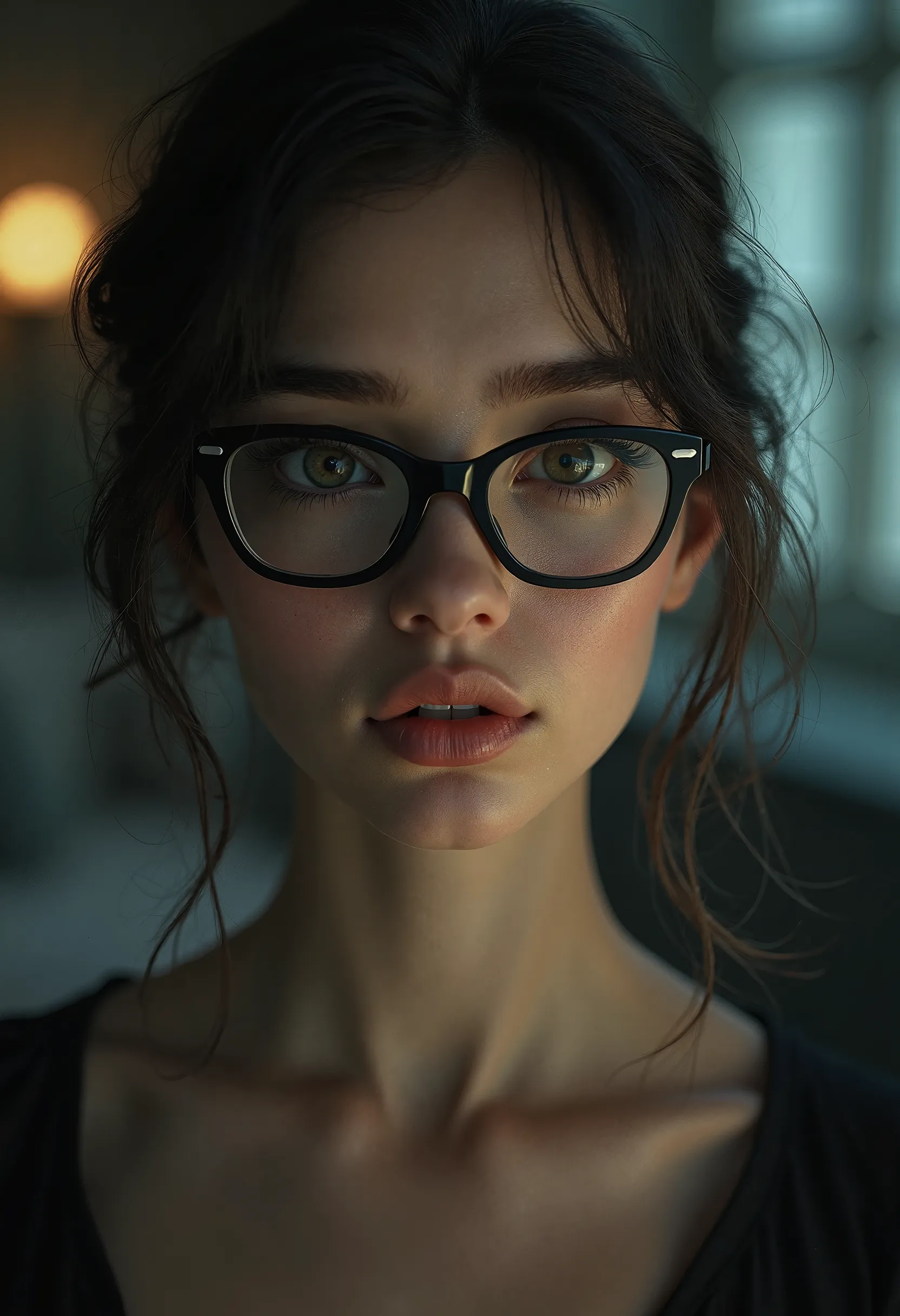 a beautiful petite girl, intelligent and witty, with a demure and sensual expression, wearing nerdy glasses, (best quality,4k,8k,highres,masterpiece:1.2),ultra-detailed,(realistic,photorealistic,photo-realistic:1.37),beautiful detailed eyes,beautiful detai...