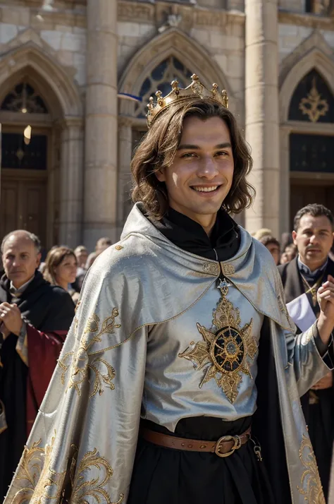 A young, radiant prince with curly silver-blonde hair and warm, freckled skin, smiling joyfully as he walks through a grand medieval city. He wears a golden crown adorned with delicate engravings and a regal black and gold embroidered cloak draped over his...