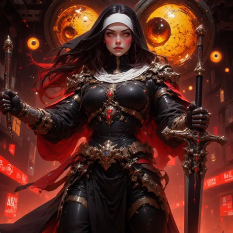 Cybernetic combat Nun with Shoulder length Black hair, tanned skin, glowing Golden Irises with black pupils and white Scalera, wielding a High tech Long Sword, Wearing a Red and Black Nun's Habit on her head, wearing a Black and Metallic Red High-Tech powe...