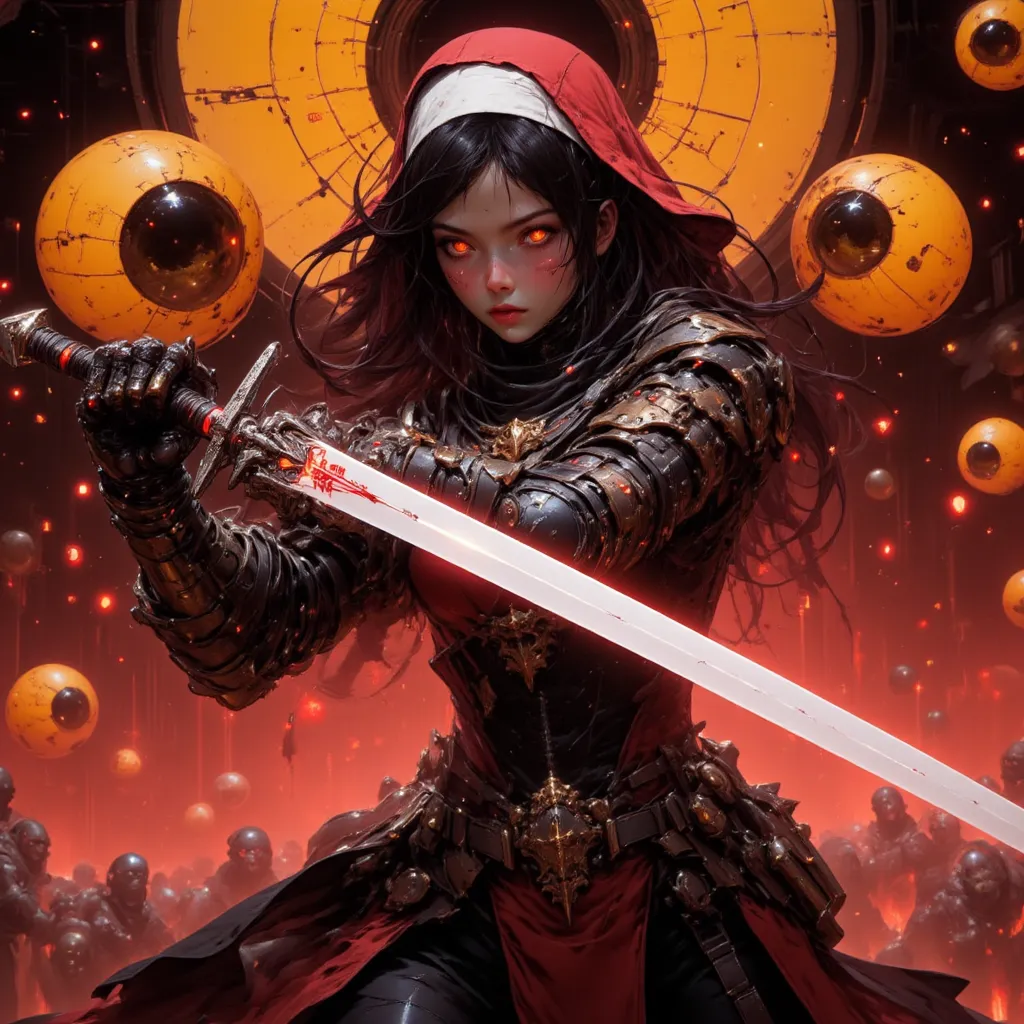 Cybernetic combat Nun with Shoulder length Black hair, tanned skin, glowing Golden Irises with black pupils and white Scalera, wielding a High tech Long Sword, Wearing a Red and Black Nun's Habit on her head, wearing a Black and Metallic Red High-Tech powe...