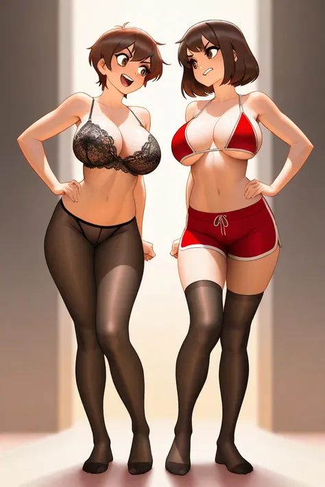 1 , High resolution, Alone, looking at the viewer, masterpiece, Anatomically Correct Bikini, best quality, tall details,  High quality,  short hair, Brown hair , lace bra, red training shorts, big boobs,shapely hip,confrontation, excited,vapor, Black tight...