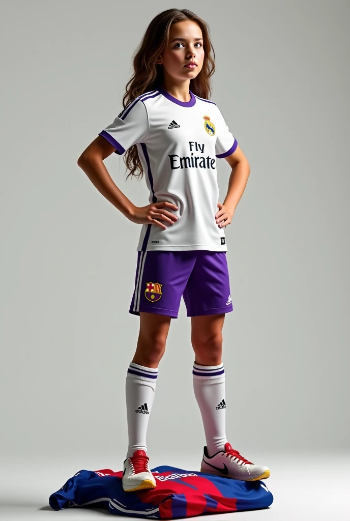 A girl wearing a Real Madrid shirt and standing on a Barcelona shirt