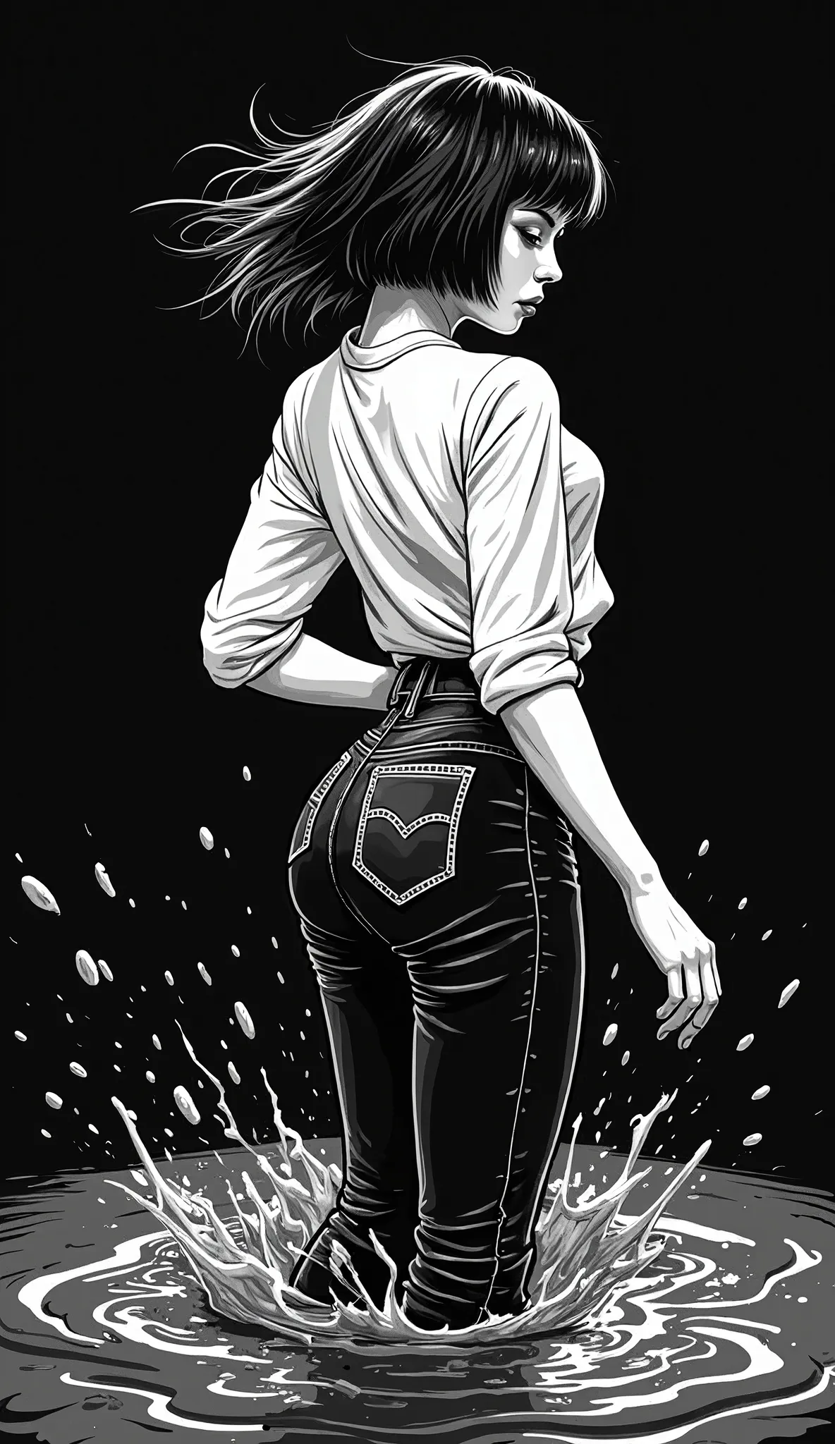    Masterpiece   , line graphics ,   orgasm dynamic move,  drowns in a tiny sludge puddle, mature young diva  , white  blouse ,  levis jeans on the back  , straight bob-haircut,    turns around,   black background, monochrome