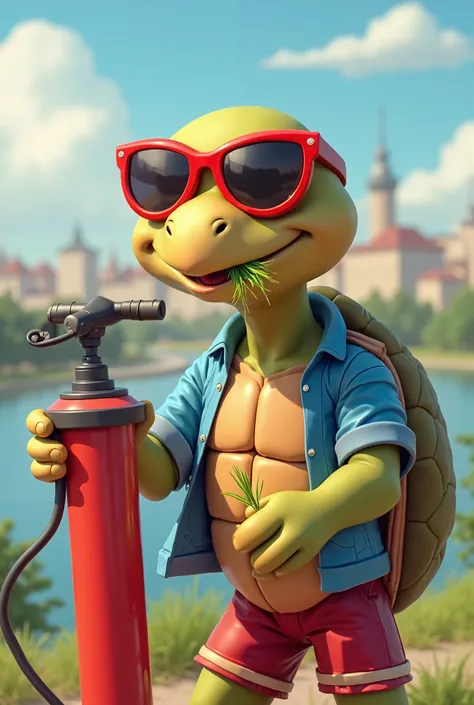 A cartoon turtle is holding a red bicycle hand pump. The turtle has light brown skin and wears red sunglasses. He has grass in his mouth and is dressed in an open blue shirt with short sleeves and red shorts.. Belgrade in the background.