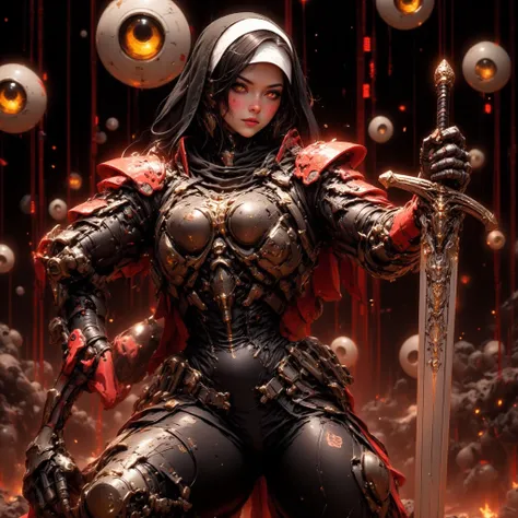 Cybernetic combat Nun with Shoulder length Black hair, tanned skin, glowing Golden Irises with black pupils and white Scalera, wielding a High tech Long Sword, Wearing a Red and Black Nun's Habit on her head, wearing a Black and Metallic Red High-Tech powe...