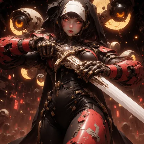 Cybernetic combat Nun with Shoulder length Black hair, tanned skin, glowing Golden Irises with black pupils and white Scalera, wielding a High tech Long Sword, Wearing a Red and Black Nun's Habit on her head, wearing a Black and Metallic Red High-Tech powe...