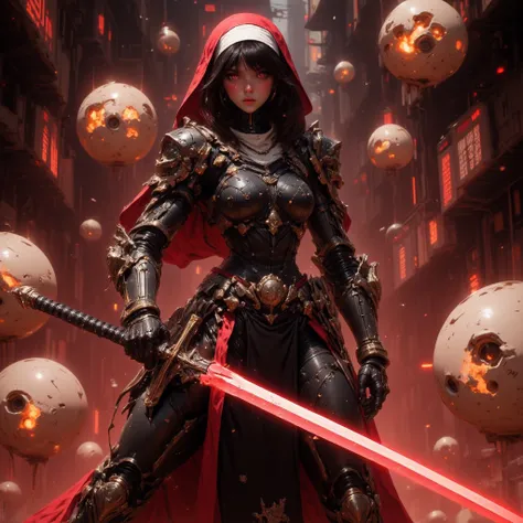 Cybernetic combat Nun with Shoulder length Black hair, tanned skin, glowing Golden Irises with black pupils and white Scalera, wielding a High tech Long Sword, Wearing a Red and Black Nun's Habit on her head, wearing a Black and Metallic Red High-Tech powe...