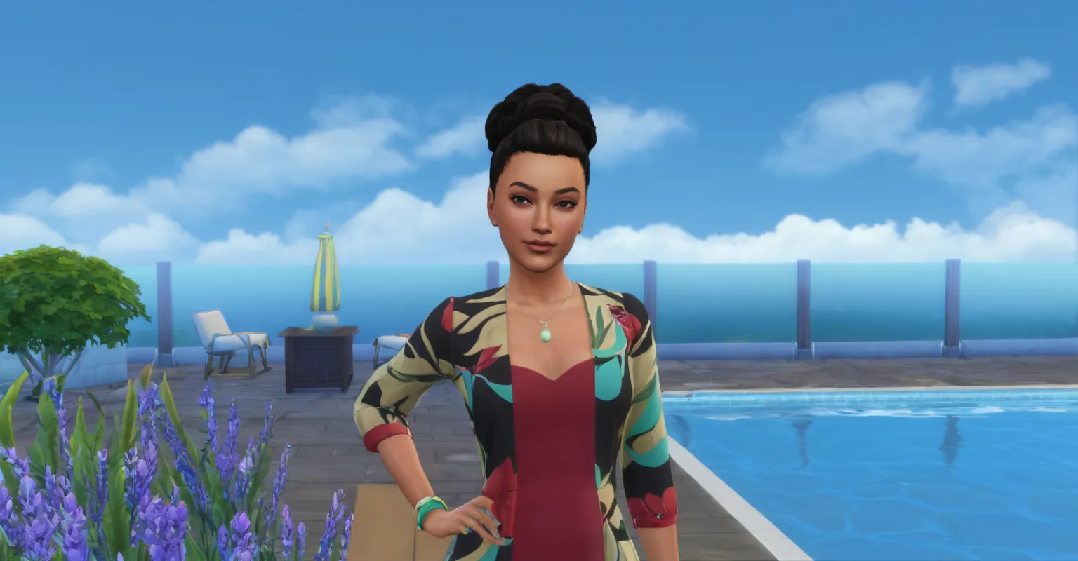 il y a une femme debout au bord d'une piscine dans une robe, sims 4 screenshot, inspiré de Sim Sa-jeong, inspiré par Sophia Beale, les sims 4, les sims 4 texture, inspiré par Lucette Barker, mode gameplay capture d'écran, inspirée par Rowena Meeks Abdy, in...