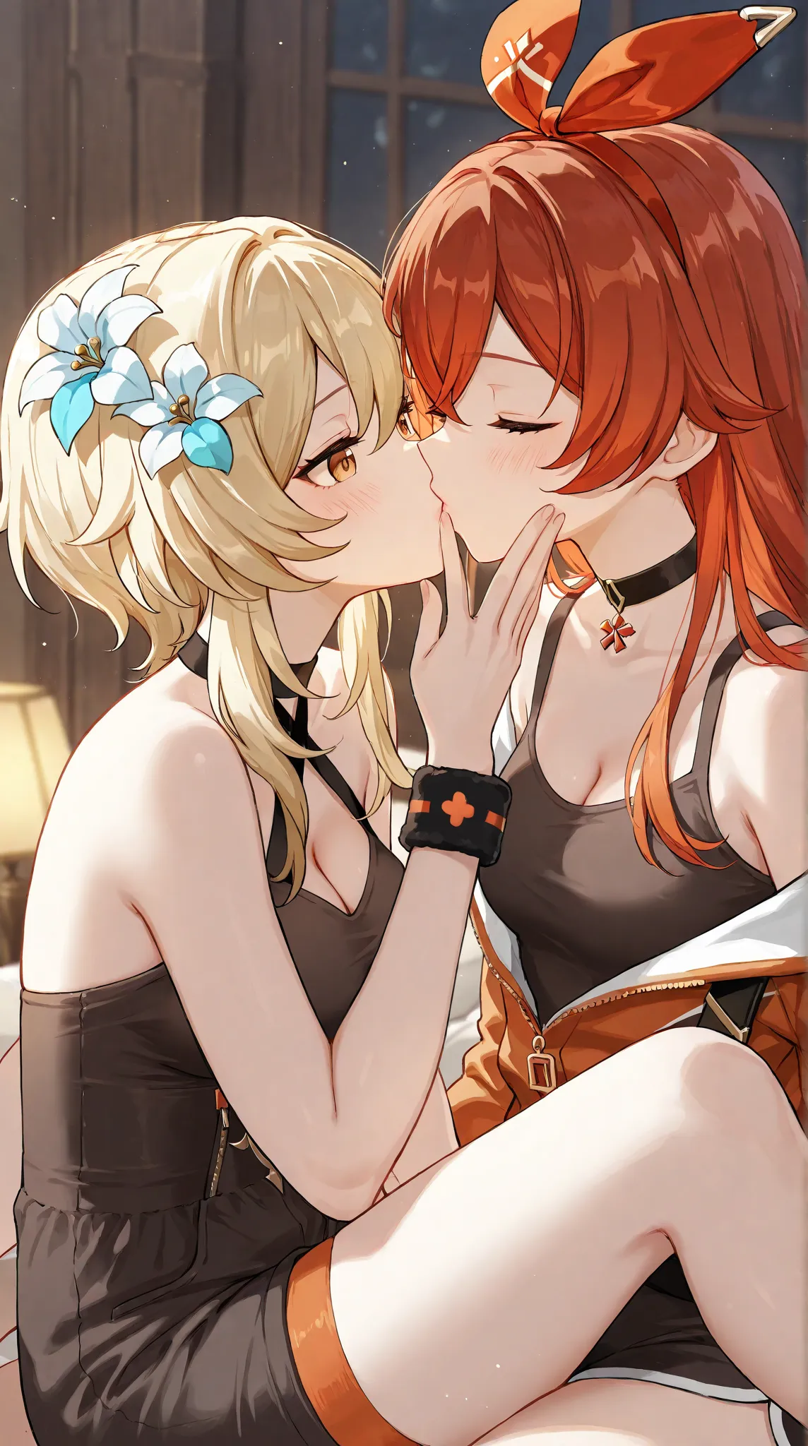 (Genshin impact, Lumine) kissing (Amber, genshin impact), yuri