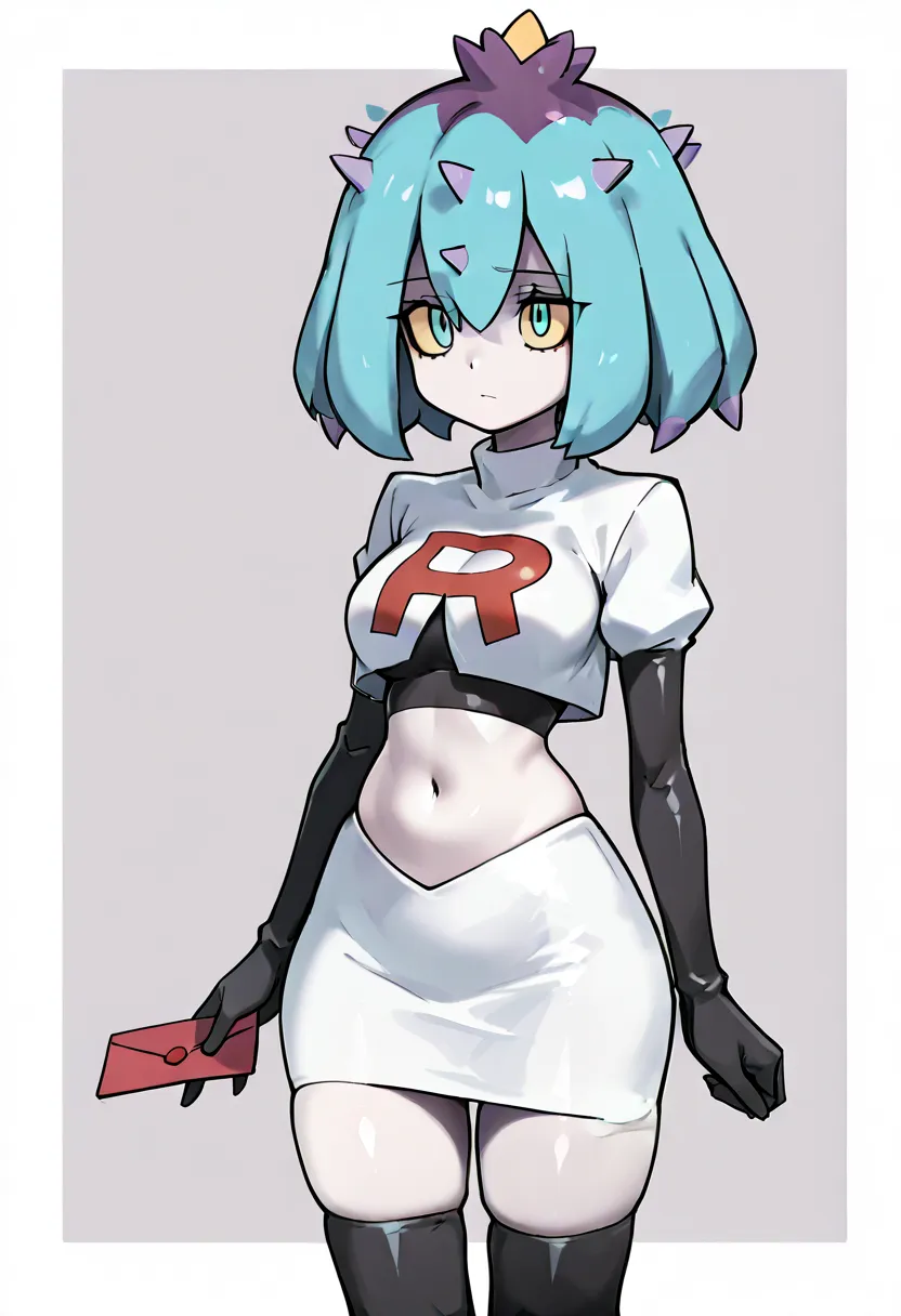 masterpiece, best quality, medium breasts, wide hips, skindentation,  zzMareanieG, blue hair, spikes, colored sclera, yellow sclera, very pale skin, multicolored hair, purple hair, team rocket,team rocket uniform,white skirt,red letter R,crop top,black thi...