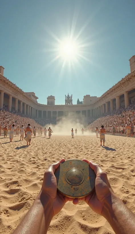 "An ultra-realistic first-person (POV) scene capturing the perspective of an Ancient Greek athlete practicing the Diskos in the stadium on the first day of the Olympics. The character's hands hold an aged bronze disc, feeling its weight before the throw. B...