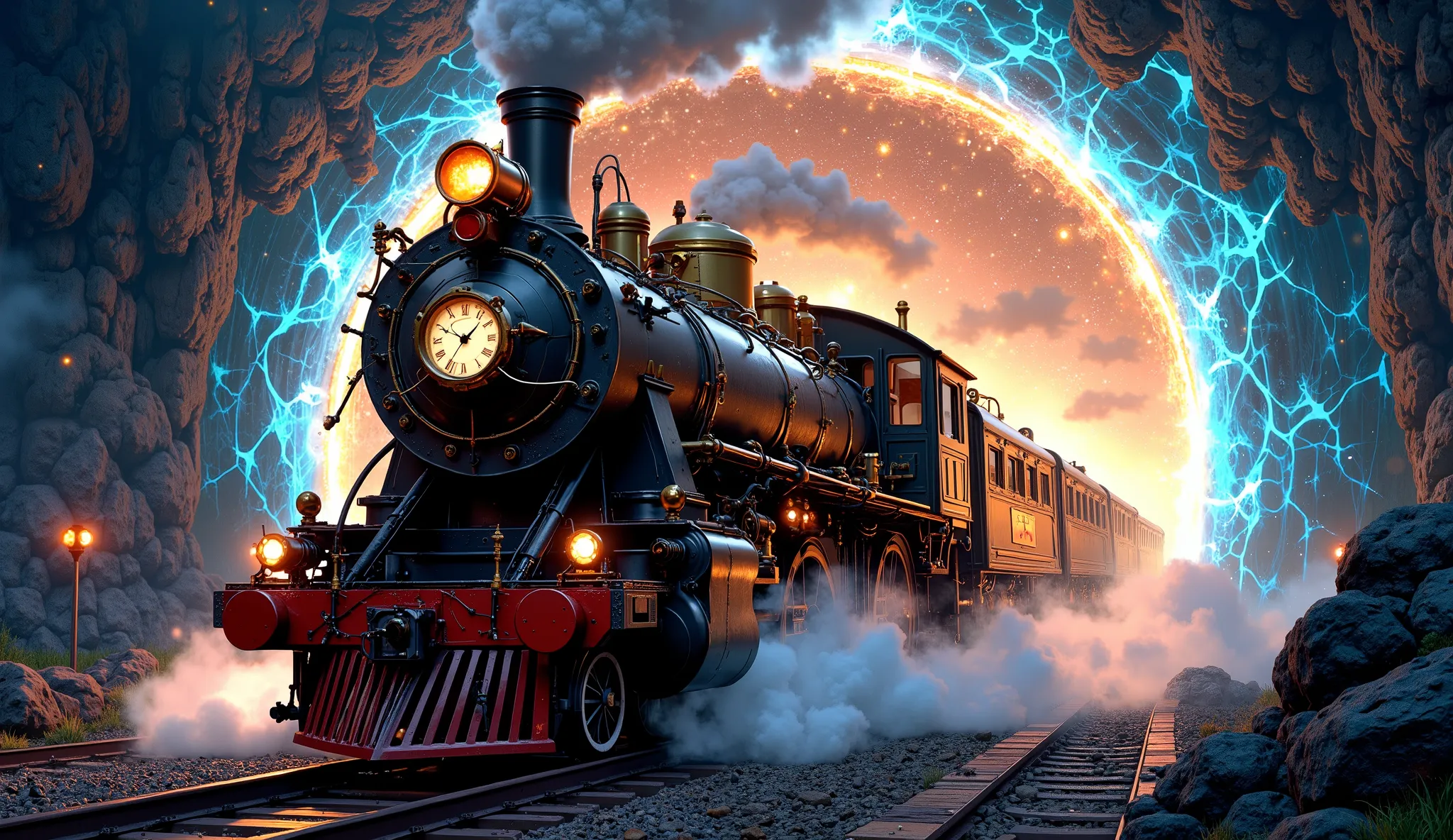 a steam train coming out of a portal. the train has a clock on its front. the portal it comes out from is magical and glows brightly.