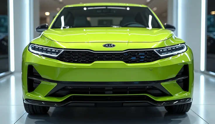 "A hyper-realistic, ultra-detailed 8K close-up render of the front section of the 2026 Kia EV3, showcasing its bold and futuristic design in a luxury automotive showroom setting. The Electric Lime Green exterior gleams under precision-controlled showroom l...