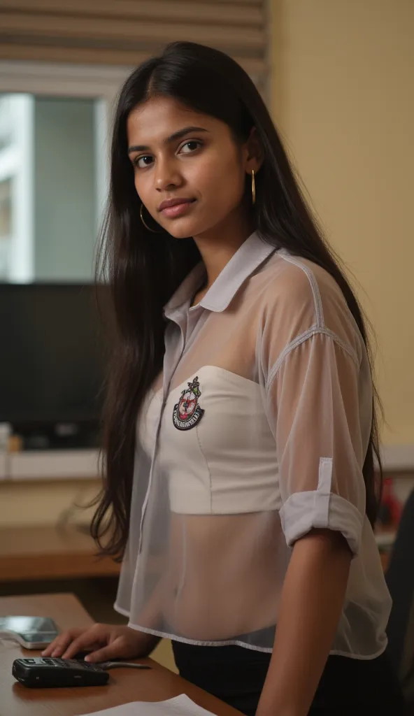 A full lenght shot of a lovely indian sister standing in front of her study table in her room. She is an excellent student. She looks disheveled and tired with dripping sweat. ultra-high definition, realistic photography. Transparent floaty croptop (paradi...