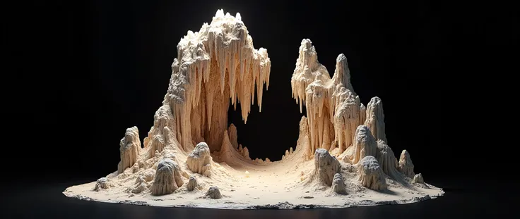 Pure black background, ancient mossy rock with the appearance of Stalactites、stalagmite、calcium carbonate precipitates in different shapes, like stone pillars,These sediments vary in color,Some are very large and resemble mountain peaks,as a 3d prop,in a g...