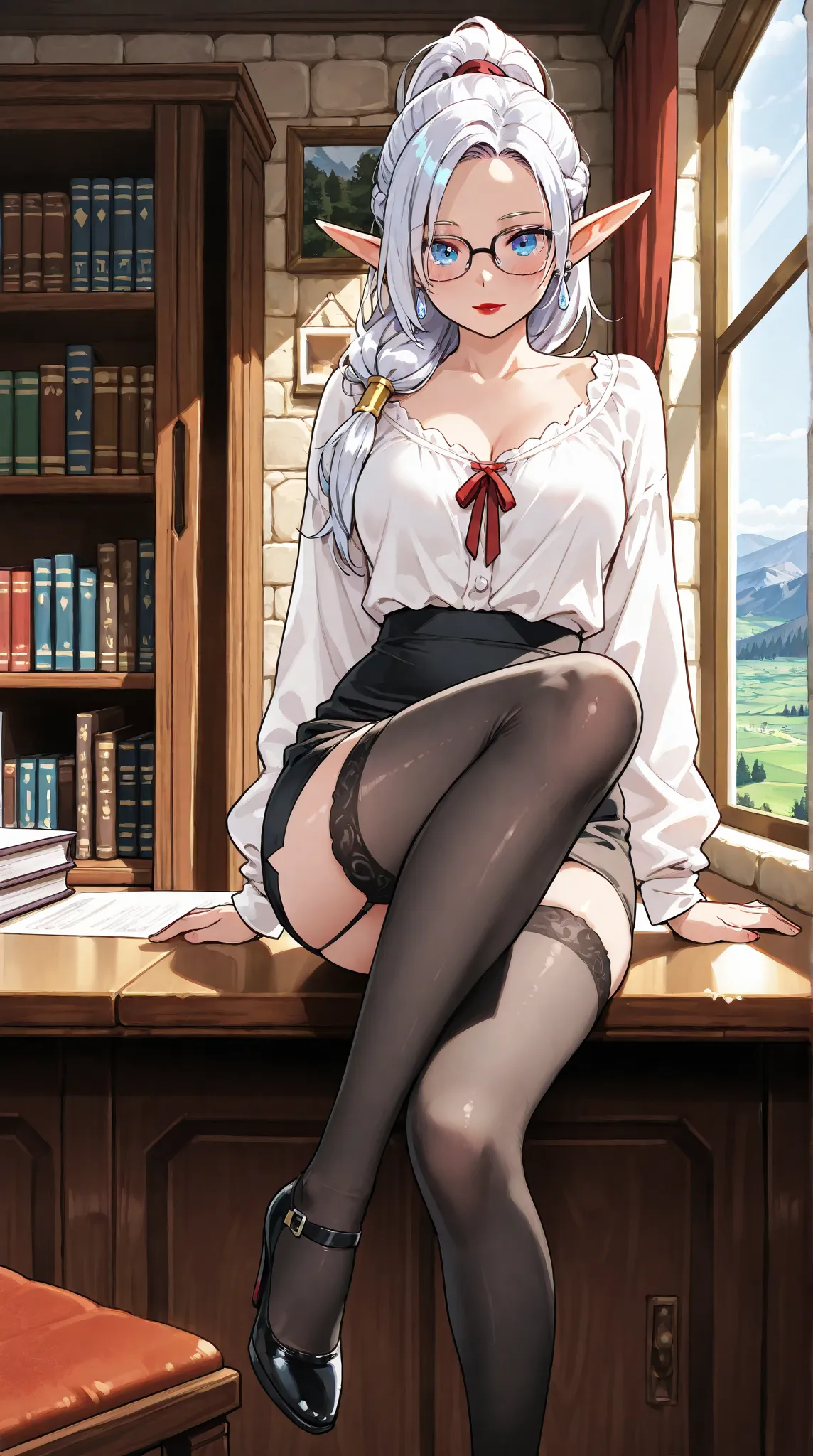 Adventurer Guild Leader, Sexy elf, glasses,  silver earrings , , the hair is tied in a ponytail , red lipstick, white blouse , black skirt,  black stockings, shoes,  spacious office , french windows,  sits on the table, bookcases, landscape on the wall