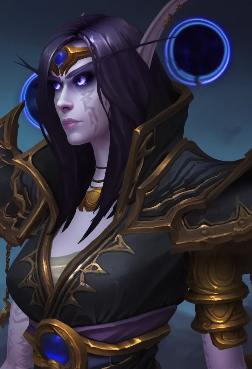 score_9,score_8_up,score_7_up, anatomically correct, 1 girl, solo, (masterpiece), (ultra quality), (detailed), (detailed skin texture), xalataht, purple skin, void elf, purple eyes, ringed eyes, purple hair, tiara, black mantle, breasts, looking away,  upp...