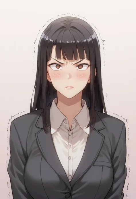 Score_9, score_8_up, score_7_up, score_6_up, 1girl, Miyajima Camellia [Saimin Seishidou], black hair, long hair, hime cut, narrow eyes, stunning brown eyes, pale skin, blush, perfect lips, sultry look, looking at viewer, suit, medium sized breasts, solo, 8...